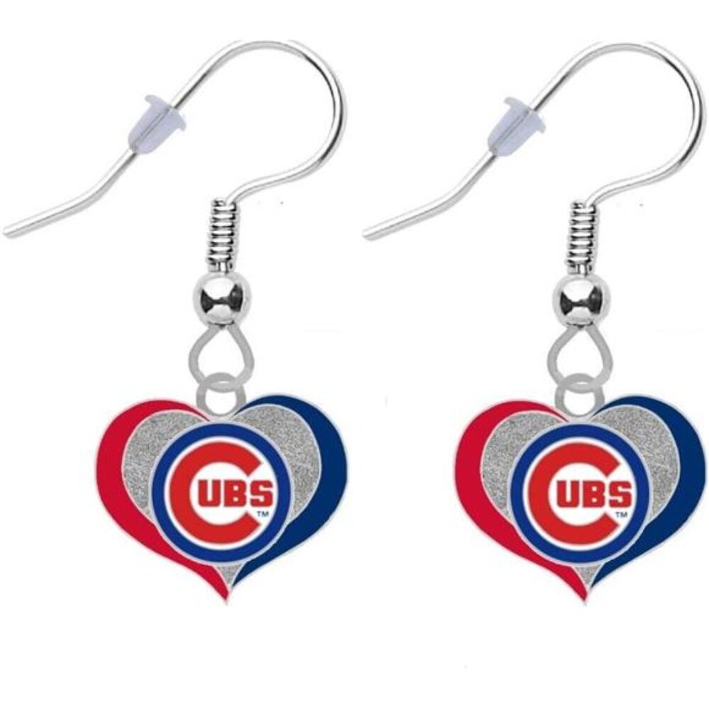NEW WOMENS CHICAGO CUBS SILVER SWIRL HEART EARRINGS MLB DANGLE DROP BASEBALL